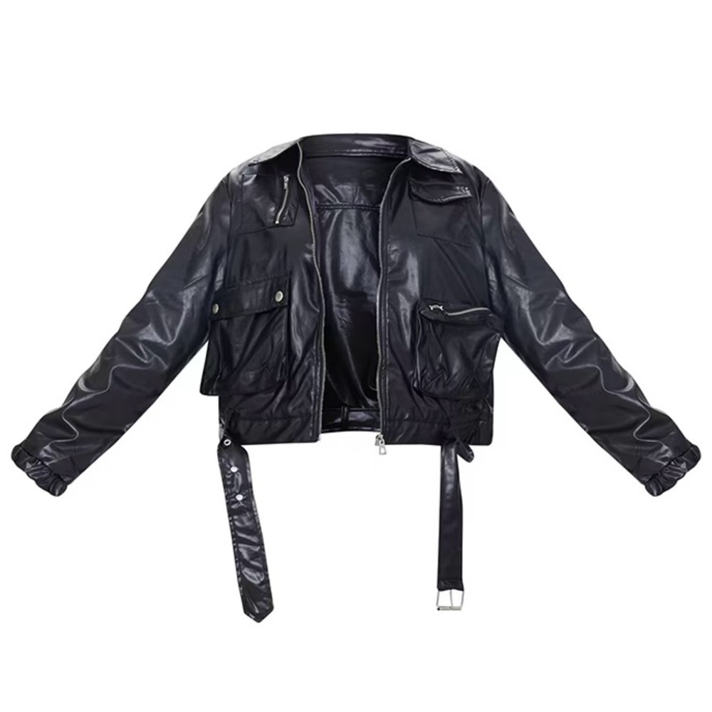 NWT PrettyLittleThing Faux Leather Pocket Belted Moto Aviator Bomber Jacket